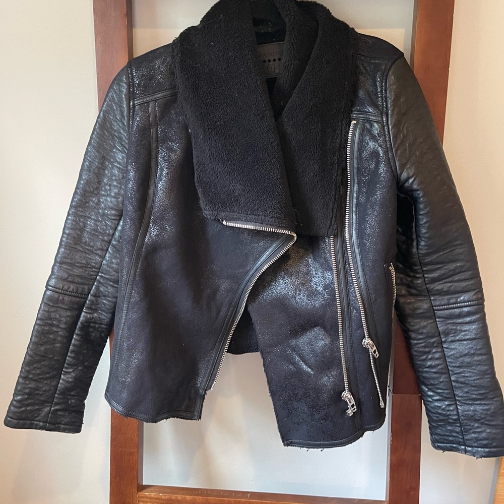 Blank NYC Black Leather Jacket with Shearling Collar